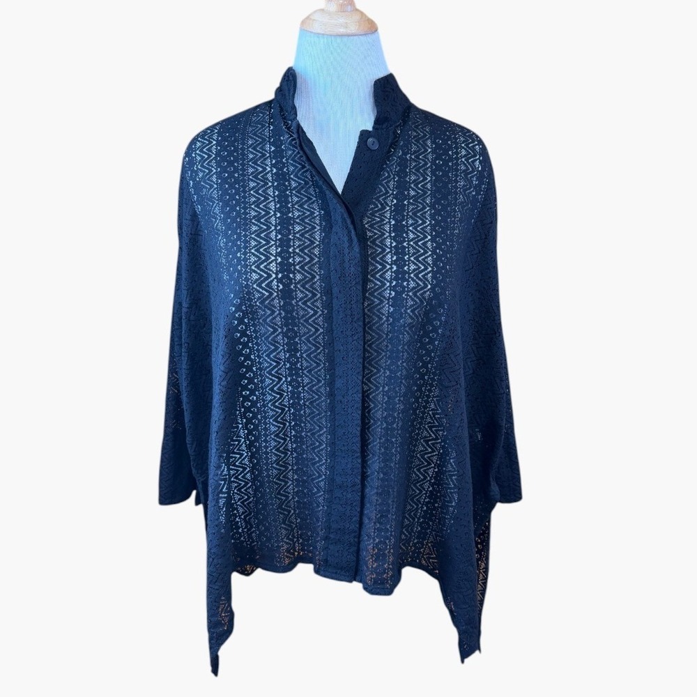 Carole Tomkins The Big Shirt Black Lace Pointelle Button Front Oversized Top